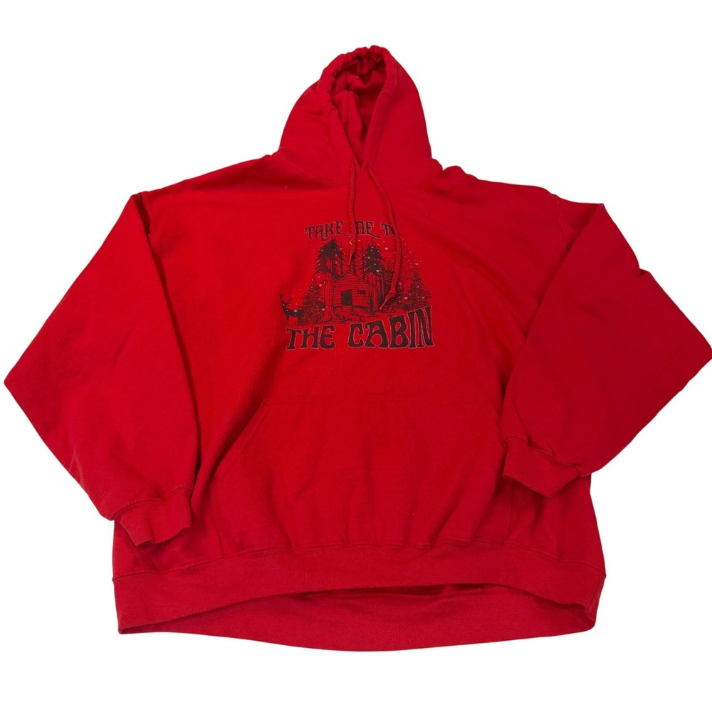 Gildan Hoodie Red Take Me To The Cabin Graphic Heavy Blend‎ Pullover XL Mens